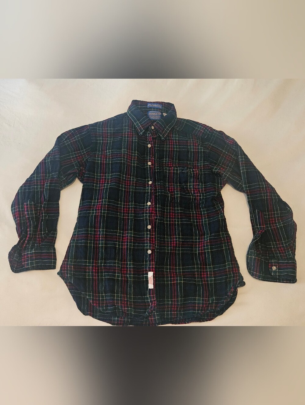Vintage Pendleton Navy and Green Plaid Button-Down Shirt with Red Accents